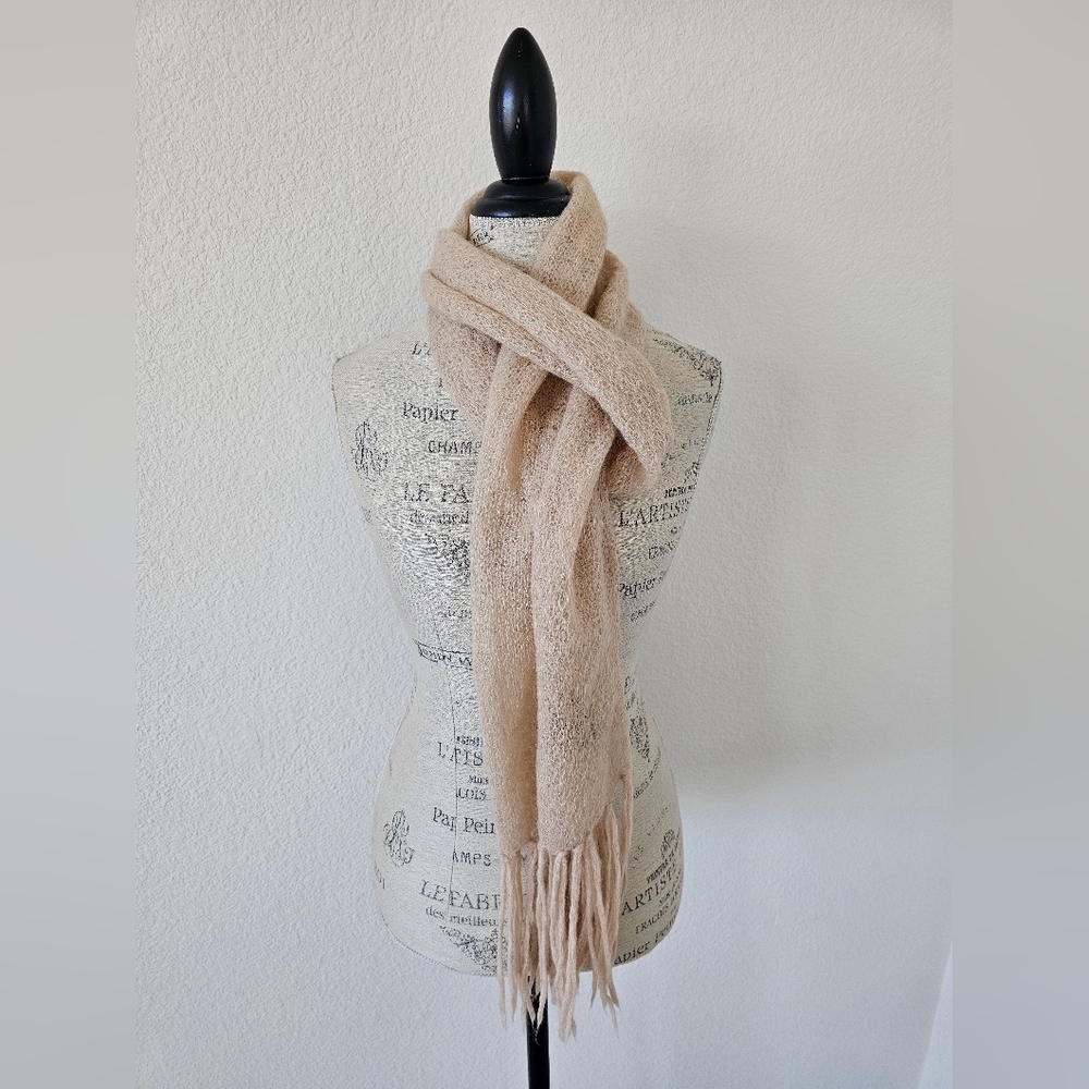 Express Oatmeal Beige Wool Blend Scarf Open Knit Loose Weave with Fringe